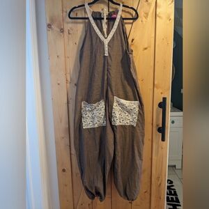 Relaxed Cotton-Linen Jumpsuit with Floral Patch Pockets